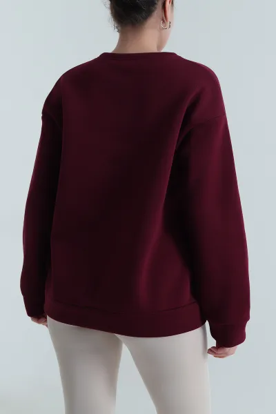 Mürdüm Nakışlı Şardonlu Kadın Fermuarsız Sweat 498273