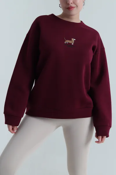 Mürdüm Nakışlı Şardonlu Kadın Fermuarsız Sweat 498273