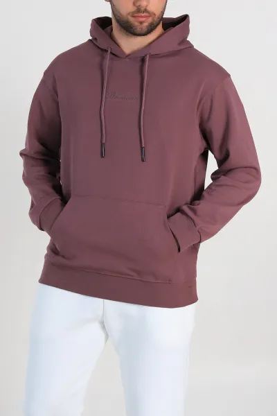 Mürdüm Oversize Duble Kumaş Basic Erkek Kapüşonlu Sweatshirt 300186