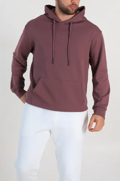 Mürdüm Oversize Duble Kumaş Basic Erkek Kapüşonlu Sweatshirt 300186