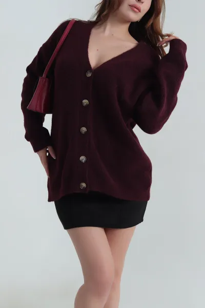 Mürdüm Oversize Kadın Triko Hırka 405453