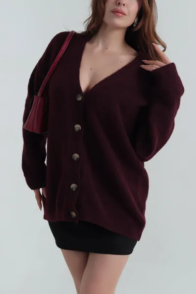 Mürdüm Oversize Kadın Triko Hırka 405453