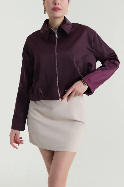 Mürdüm Pile Detay Saten Kadın Bomber Ceket 425461