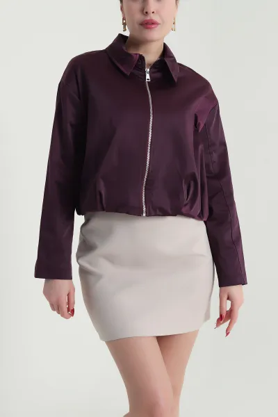 Mürdüm Pile Detay Saten Kadın Bomber Ceket 425461