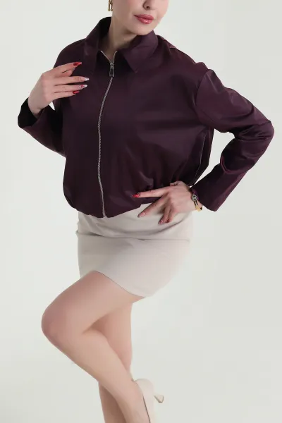 Mürdüm Pile Detay Saten Kadın Bomber Ceket 425461