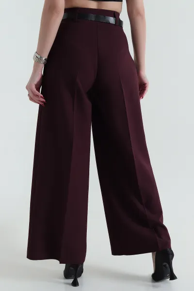 Mürdüm Pileli Palazzo Crep Kadın Pantolon 429840