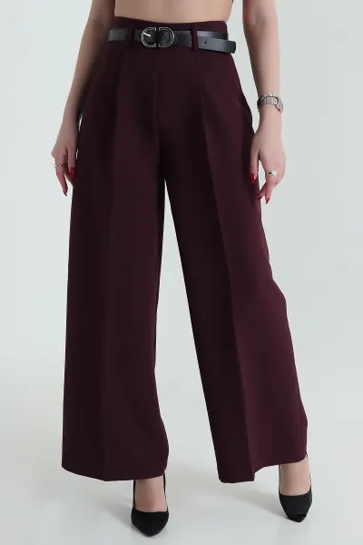 Mürdüm Pileli Palazzo Crep Kadın Pantolon 429840