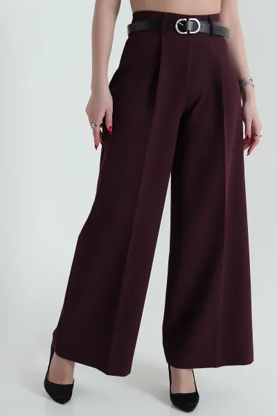 Mürdüm Pileli Palazzo Crep Kadın Pantolon 429840
