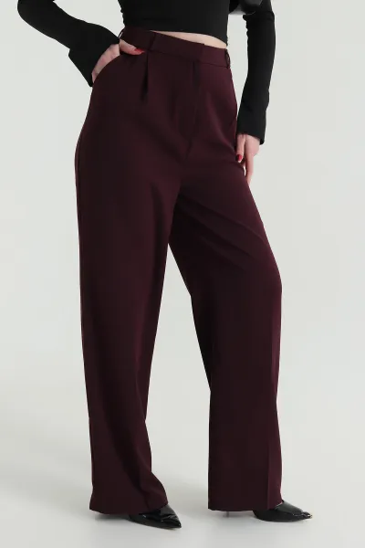 Mürdüm Pileli Palazzo Twill Kadın Pantolon 425422