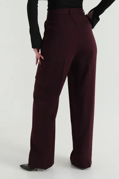 Mürdüm Pileli Palazzo Twill Kadın Pantolon 425422
