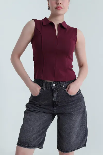 Mürdüm Polo Yaka Fermuarlı Kadın Body Bluz 467084