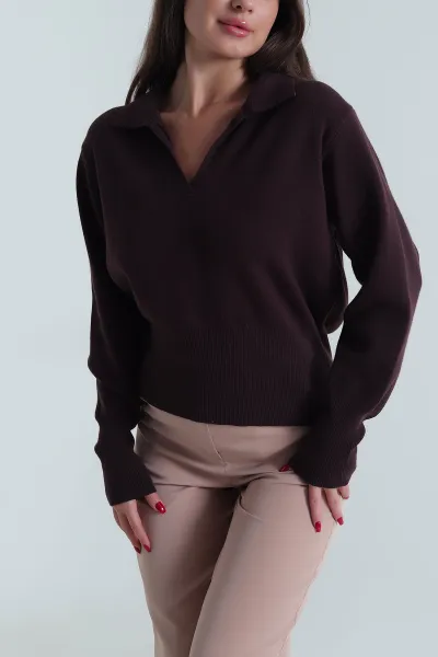 Mürdüm Polo Yaka Kadın Triko Kazak 489704