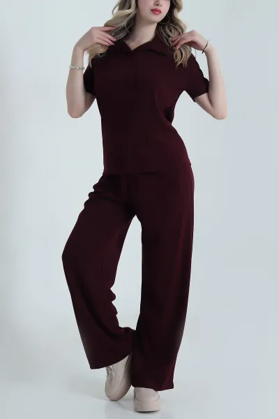 Mürdüm Polo Yaka Palazzo Modal Kadın İkili Takım 478656