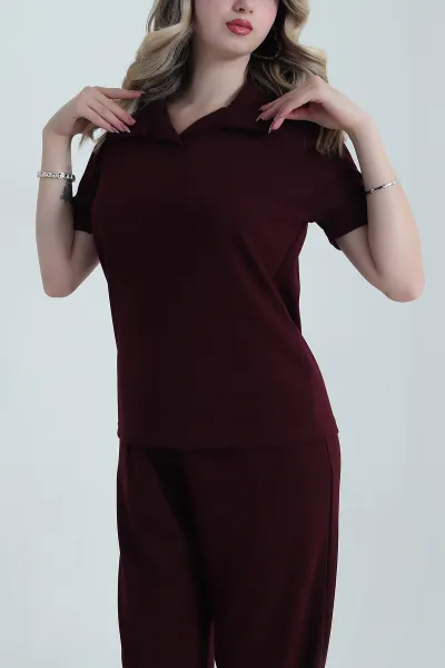Mürdüm Polo Yaka Palazzo Modal Kadın İkili Takım 478656