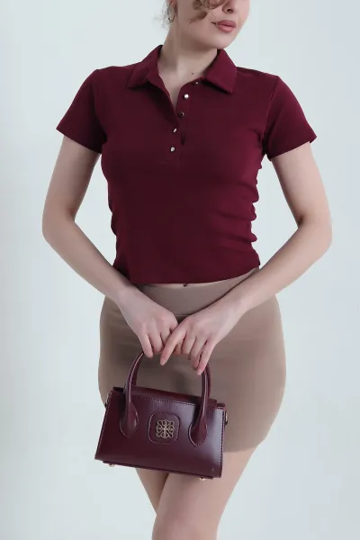 Mürdüm Polo Yaka Ribana Kadın Bluz 446620