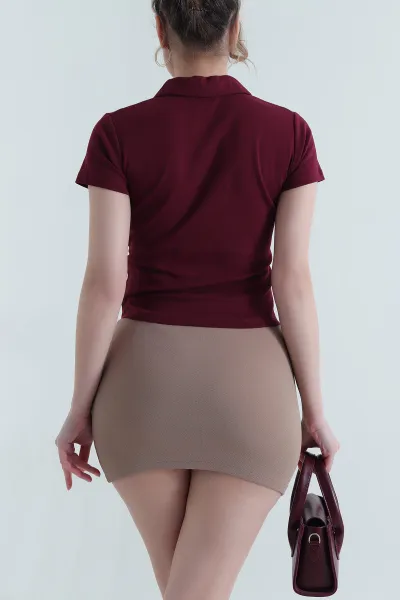 Mürdüm Polo Yaka Ribana Kadın Bluz 446620