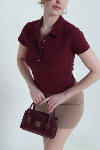 Mürdüm Polo Yaka Ribana Kadın Bluz 446620