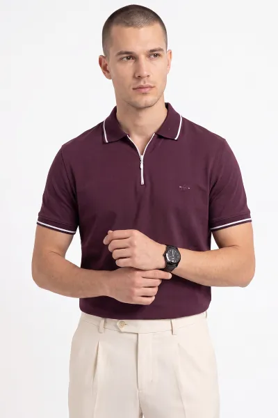 Mürdüm Polo Yaka Yarım Fermuarlı Erkek Tişört 471701
