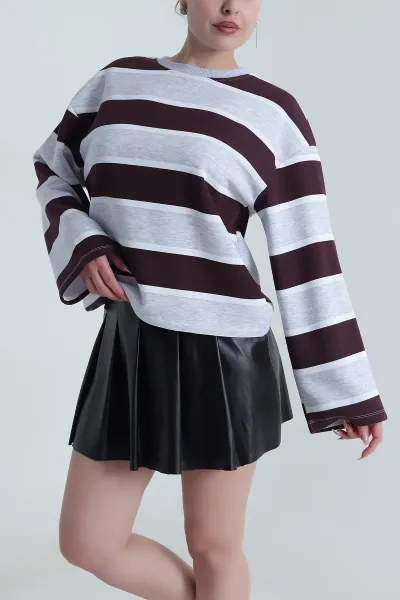 Mürdüm Şardonlu Çizgili Kadın Fermuarsız Sweat 492215