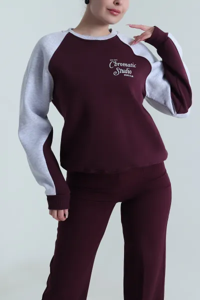Mürdüm Şardonlu Üç İp Kadın Fermuarsız Sweat 492542