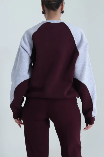 Mürdüm Şardonlu Üç İp Kadın Fermuarsız Sweat 492542