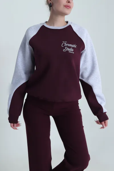 Mürdüm Şardonlu Üç İp Kadın Fermuarsız Sweat 492542