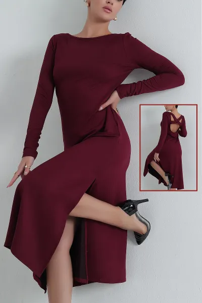 Mürdüm Sırt Detay Viskon İki İp Kadın Elbise 389674