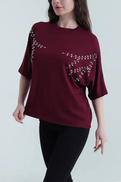 Mürdüm Taş İşlemeli Modal Kadın Bluz 452746