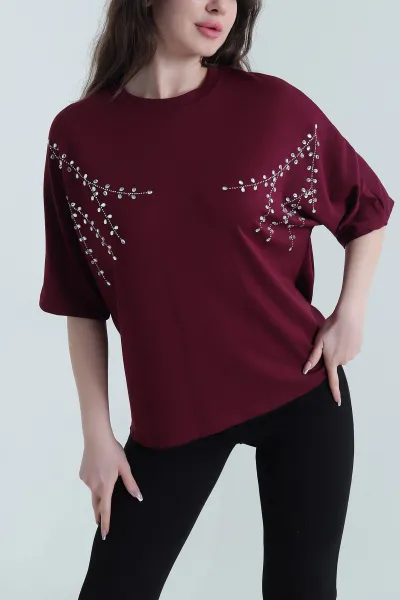 Mürdüm Taş İşlemeli Modal Kadın Bluz 452746