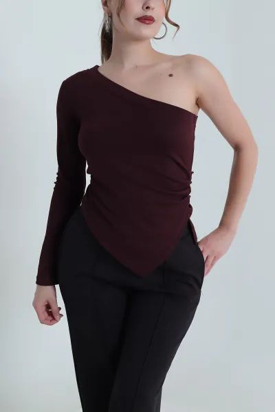Mürdüm Tek Kol Büzgülü Modal Kadın Bluz 483784