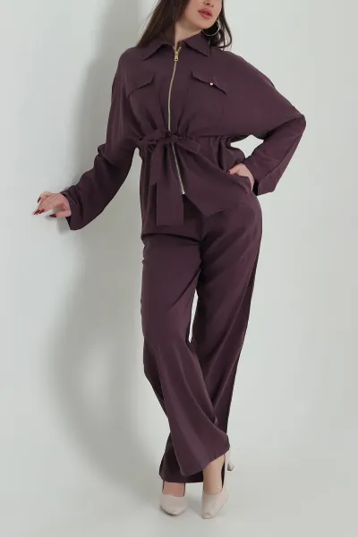 Mürdüm Tencel Fermuarlı Çift Cep Kadın İkili Takım 422072