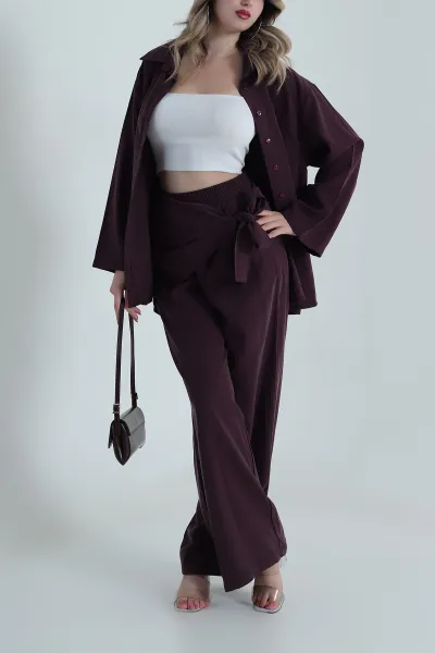 Mürdüm Tensel Gabardin Fularlı Kadın İkili Takım 485644