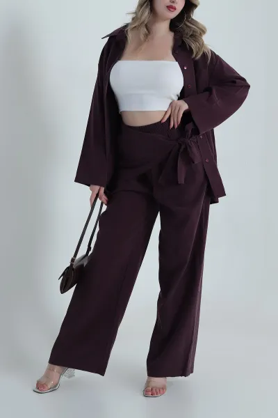 Mürdüm Tensel Gabardin Fularlı Kadın İkili Takım 485644