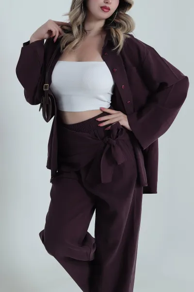 Mürdüm Tensel Gabardin Fularlı Kadın İkili Takım 485644