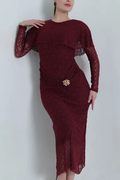 Mürdüm Tokalı Astarlı Kadın Dantel Elbise 495008