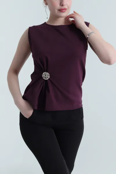 Mürdüm Tokalı Kolsuz Kadın Bluz 455131