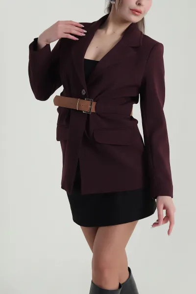 Mürdüm Vatkalı Kemer Detaylı Düğmeli Kadın Atlas Ceket 418634
