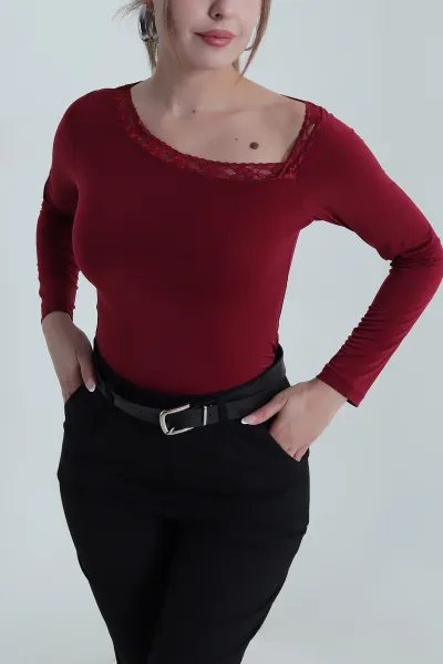 Mürdüm Yakası Dantelli Sandy Kadın Bluz 487037