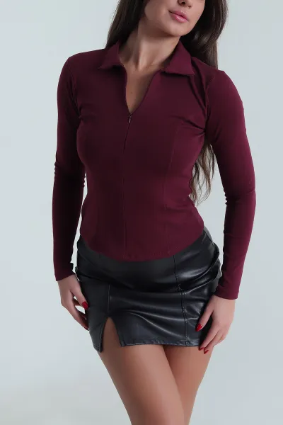 Mürdüm Yakası Fermuarlı Kadın Body Bluz 489993