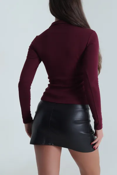 Mürdüm Yakası Fermuarlı Kadın Body Bluz 489993