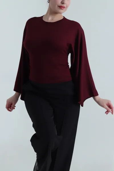 Mürdüm Yanı Büzgülü Salaş Kol Modal Kadın Bluz 499467