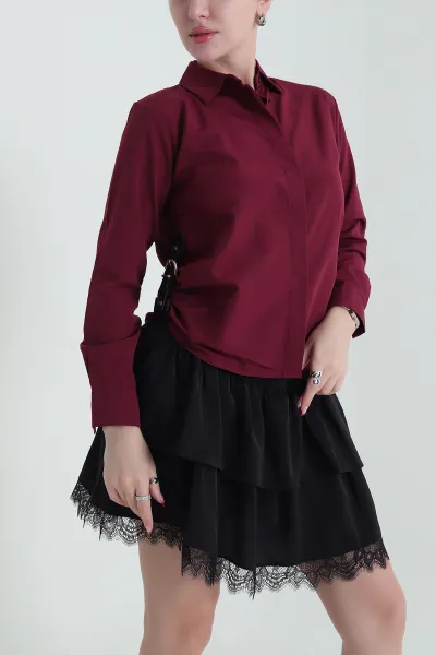 Mürdüm Yanı Kemerli Poplin Dokuma Kadın Gömlek 432107