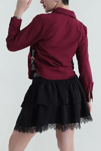 Mürdüm Yanı Kemerli Poplin Dokuma Kadın Gömlek 432107