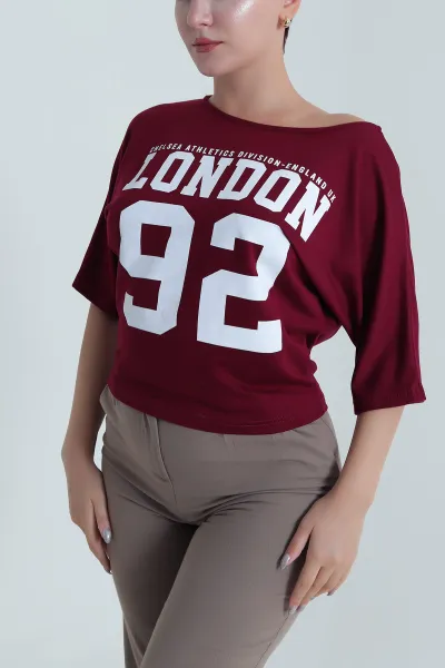 Mürdüm Yarasa Kol Baskılı Kadın Kristal Bluz 483242
