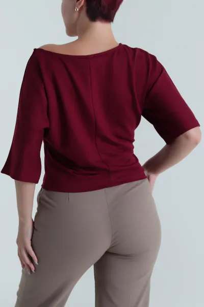 Mürdüm Yarasa Kol Baskılı Kadın Kristal Bluz 483242