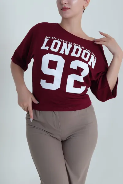 Mürdüm Yarasa Kol Baskılı Kadın Kristal Bluz 483242
