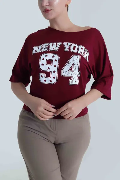 Mürdüm Yarasa Kol Baskılı Kadın Kristal Bluz 483253
