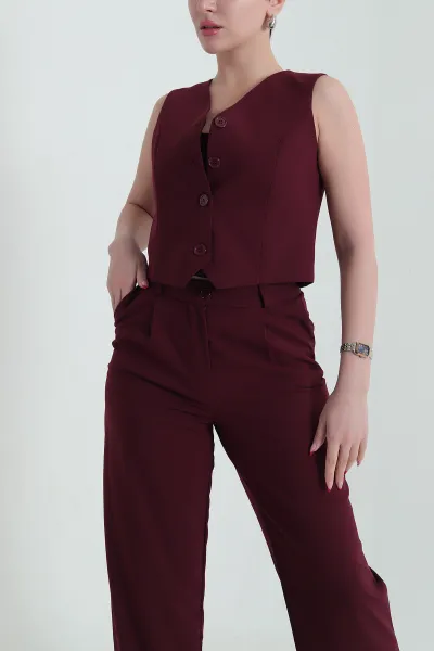 Mürdüm Yelek Pantolon Poliviskon Kadın İkili Takım 436604