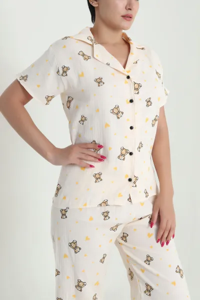Müslin Keten Düğmeli Kadın Pijama Takımı 476892