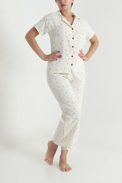 Müslin Keten Düğmeli Kadın Pijama Takımı 476893